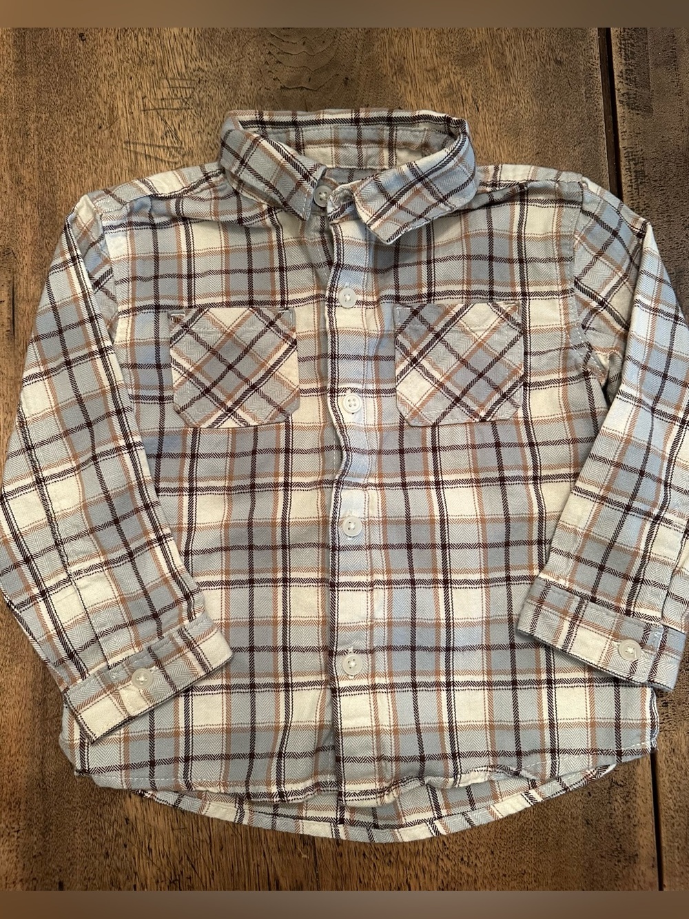 NWOT Little Planet Kids Plaid Button-Up Shirt in Light Blue and Brown Size 3T.